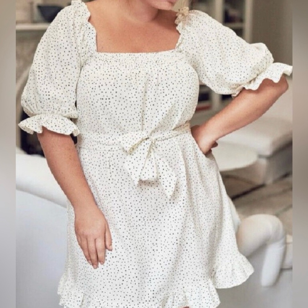 Eloquii Linen Blend Smocked Ruffle Belted Mini Dress Polka Dot Size 14/16 NWT